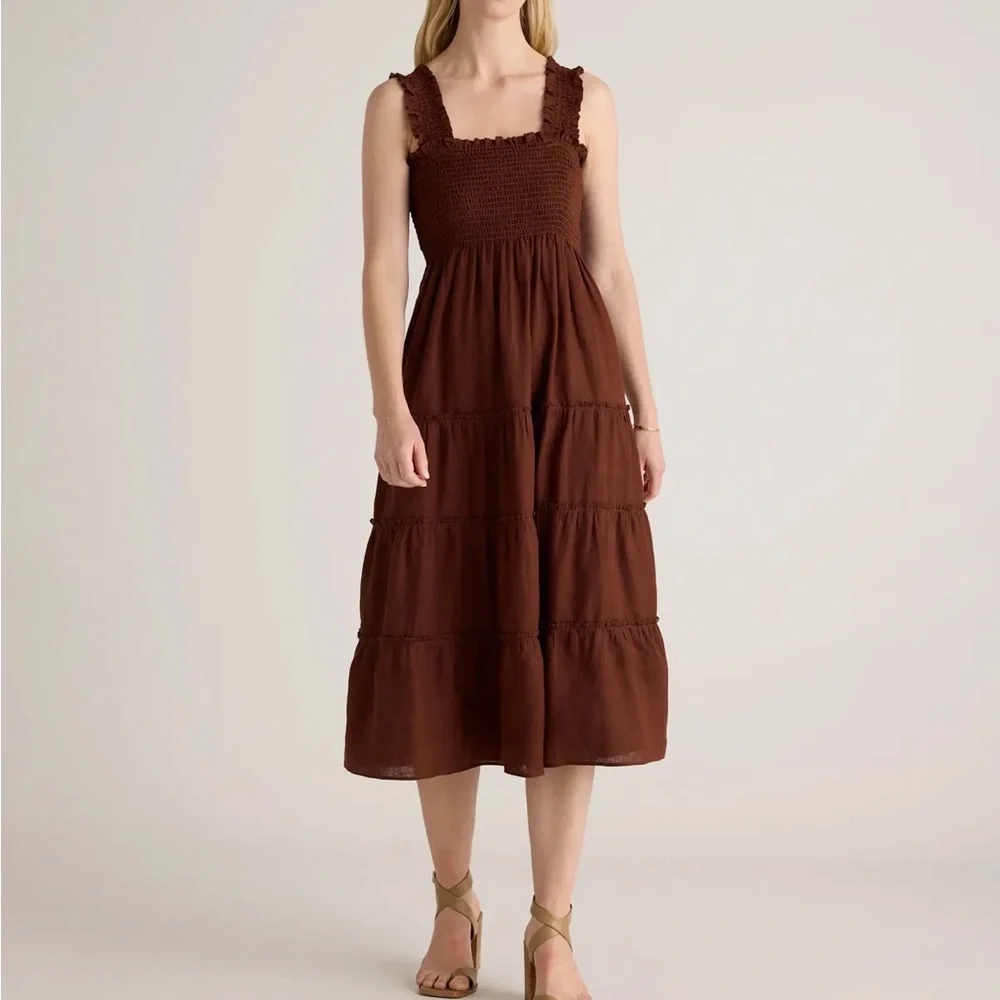 QUINCE european linen smocked midi dress chocolate brown nap dress size XL - Picture 1 of 15